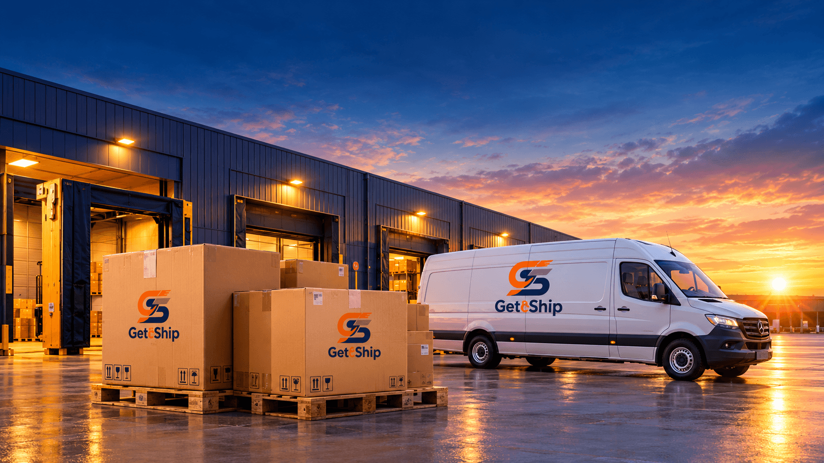 GetItShip van and branded boxes at a warehouse loading dock at sunset